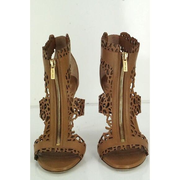 Jimmy Choo Brown Laser Cut Out Megan T Strap Zip Top Sandals - Picture 4 of 10